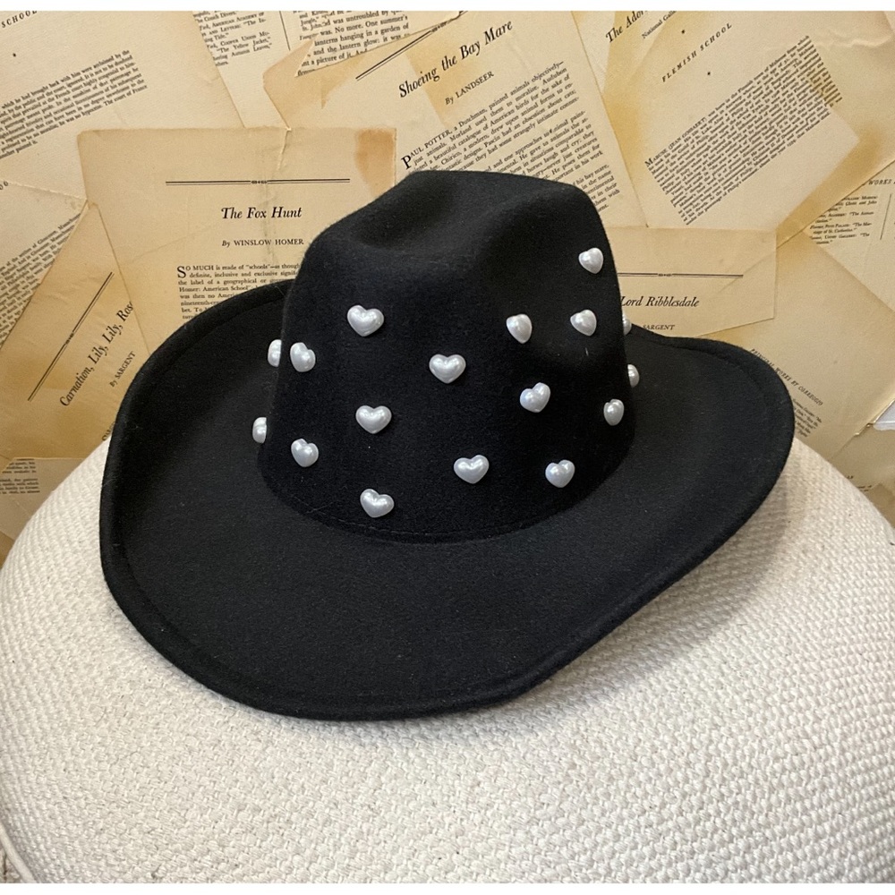 Anthropologie Heart Pearls Rancher Hat Beaded Crown Wool Felt Black - Picture 4 of 8